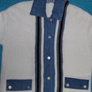 RARE NVLT Mixed Denim Knit Jacket/Sweater With Pockets, Button Down Snaps Size M